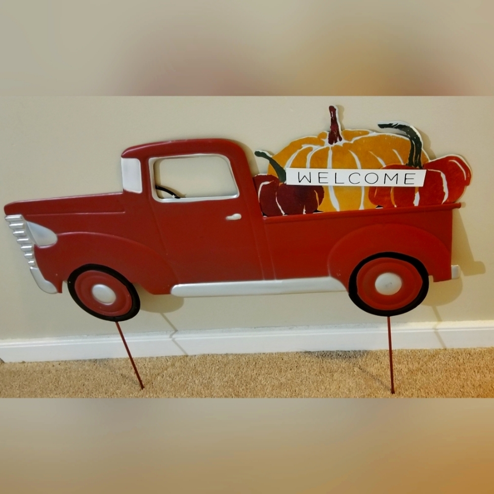 Vintage Red Pickup Truck with Pumpkins Welcome Yard Sign